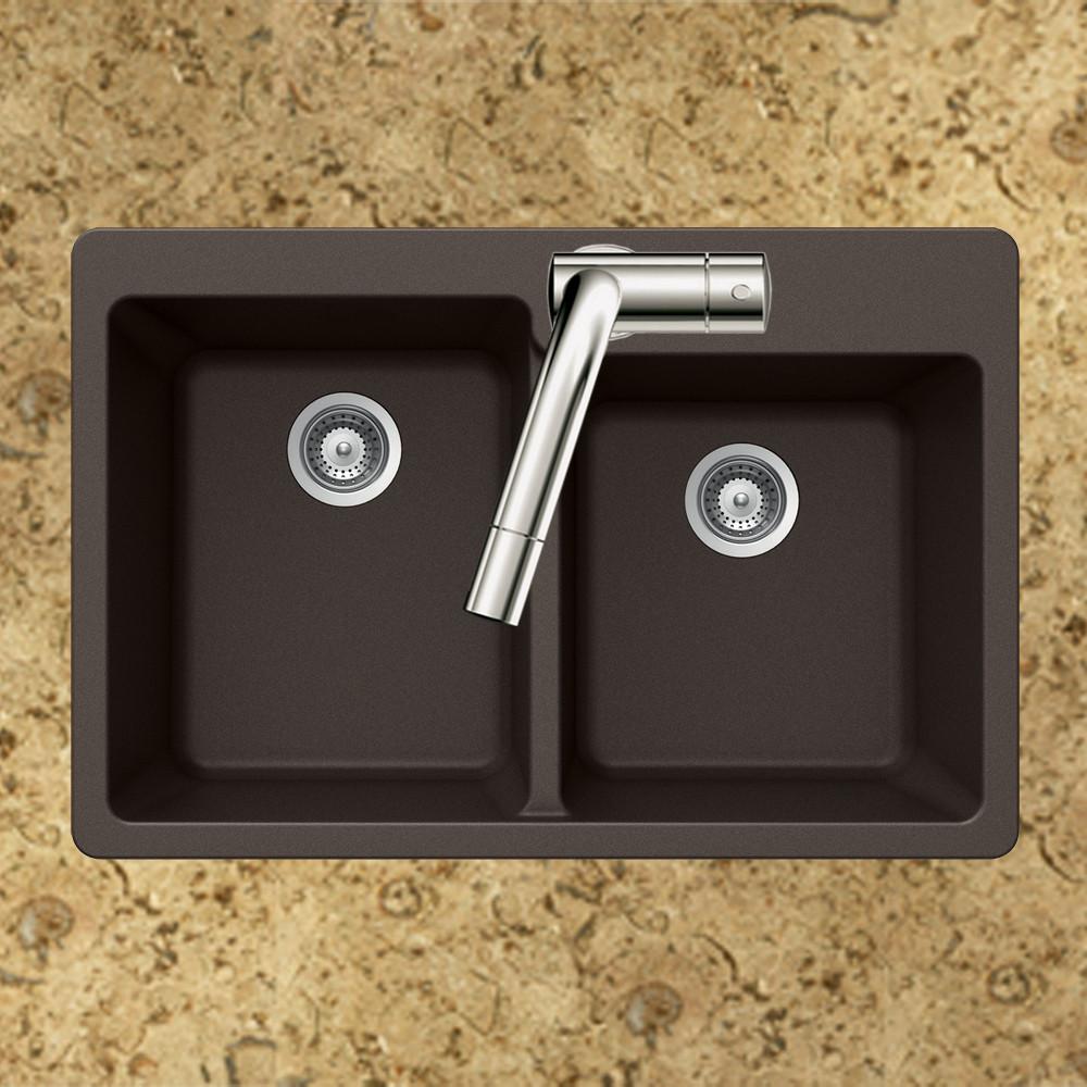 Houzer MOCHA Quartztone Series Granite Topmount 60/40 Double Bowl Kitchen Sink, Mocha Kitchen Sink - Topmount Houzer