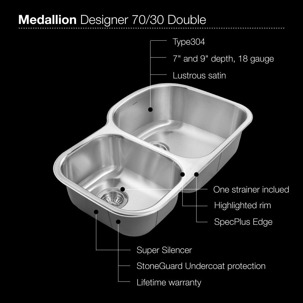 Houzer Medallion Designer Series Undermount Stainless Steel 70/30 Double Bowl Kitchen Sink, Small Bowl Left Kitchen Sink - Undermount Houzer