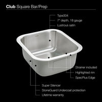 Thumbnail for Houzer Club Series Undermount Stainless Steel Square Bowl Bar/Prep Sink Bar Sink - Undermount Houzer 