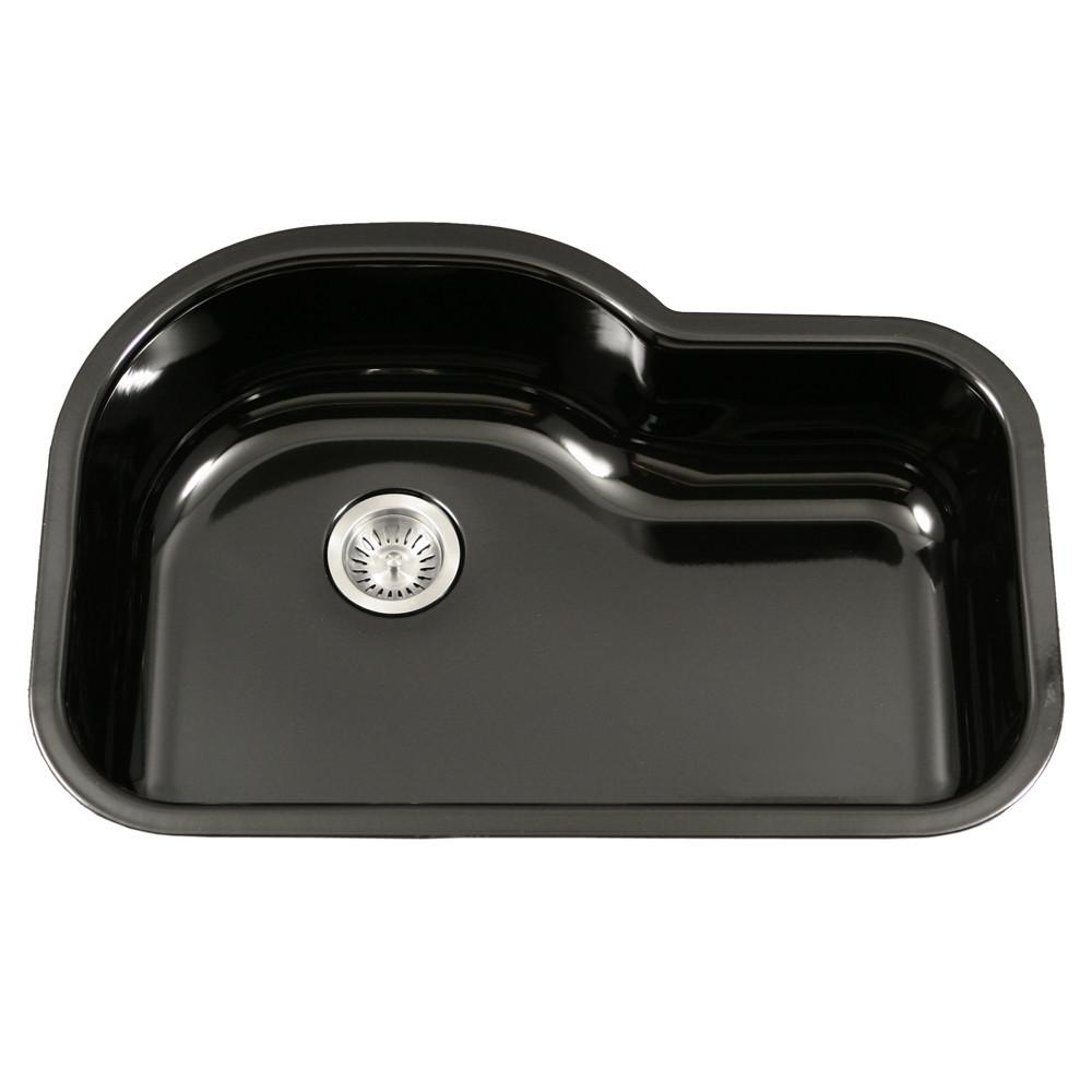 Houzer BL Porcela Series Porcelain Enamel Steel Undermount Offset Single Bowl Kitchen Sink, Black Kitchen Sink - Undermount Houzer