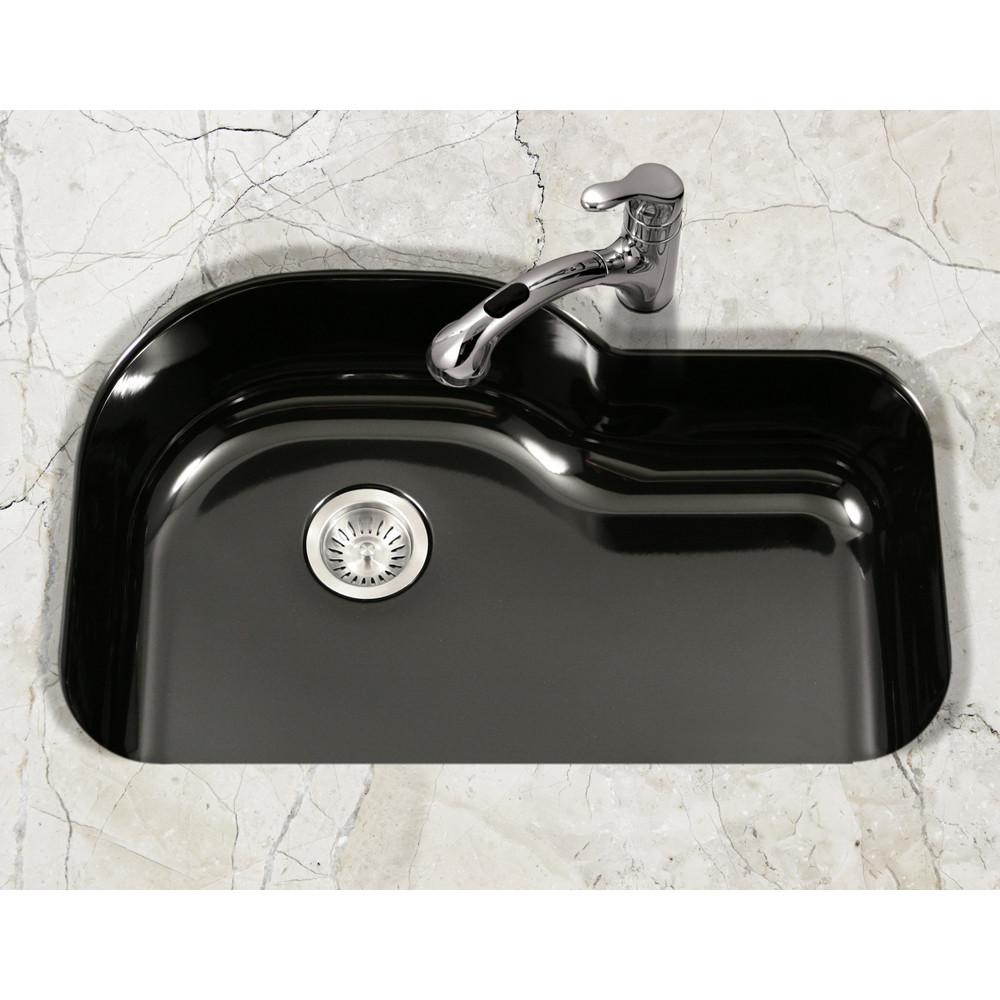 Houzer BL Porcela Series Porcelain Enamel Steel Undermount Offset Single Bowl Kitchen Sink, Black Kitchen Sink - Undermount Houzer