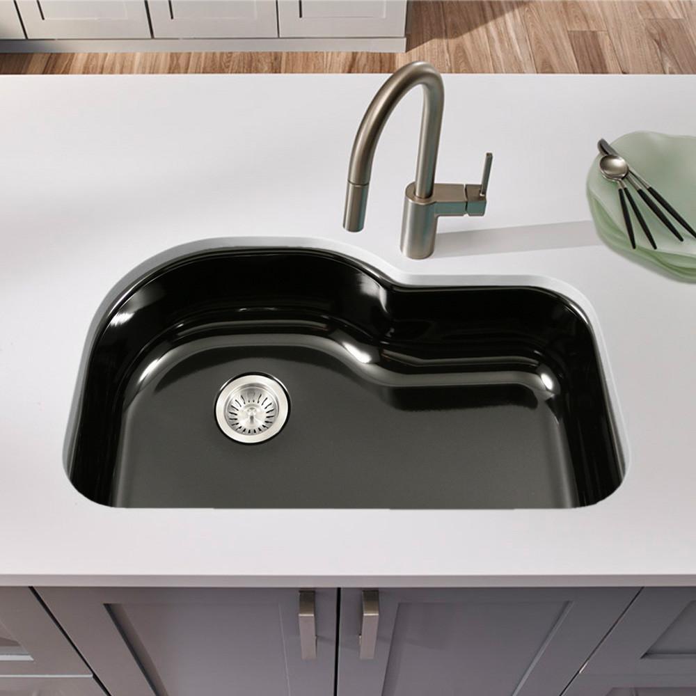 Houzer BL Porcela Series Porcelain Enamel Steel Undermount Offset Single Bowl Kitchen Sink, Black Kitchen Sink - Undermount Houzer
