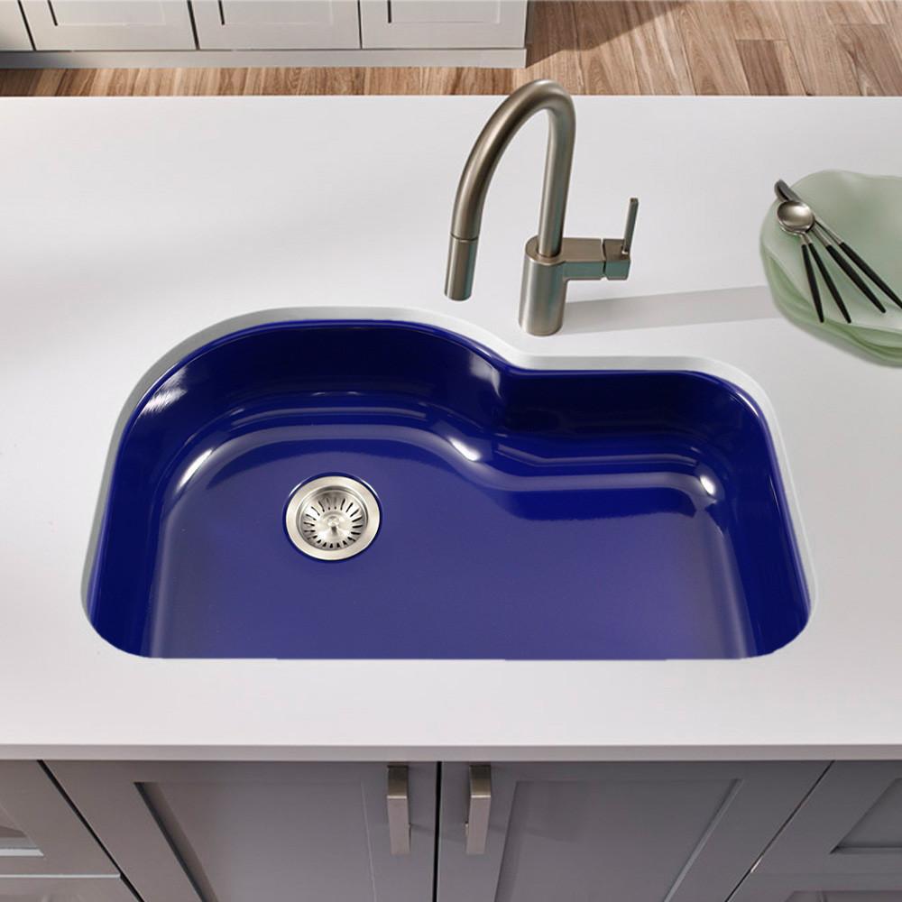Houzer NB Porcela Series Porcelain Enamel Steel Undermount Offset Single Bowl Kitchen Sink, Navy Blue Kitchen Sink - Undermount Houzer