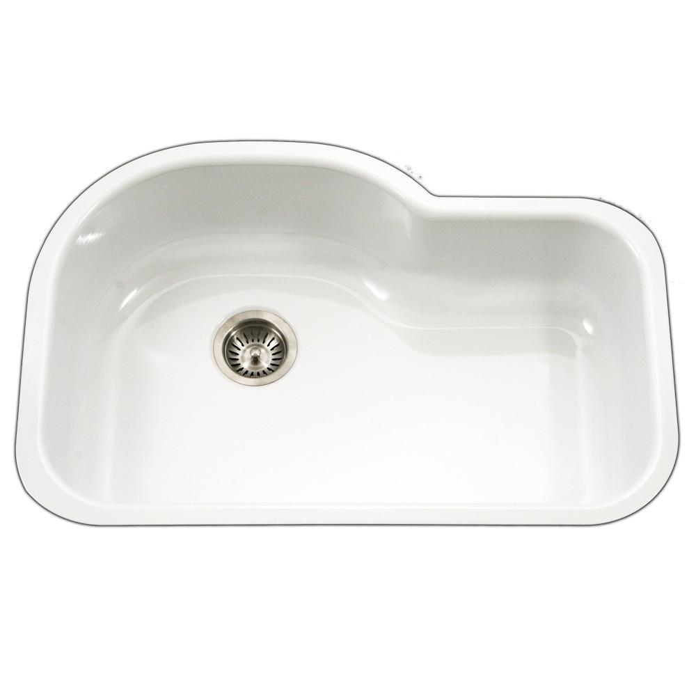Houzer WH Porcela Series Porcelain Enamel Steel Undermount Offset Single Bowl Kitchen Sink, White Kitchen Sink - Undermount Houzer