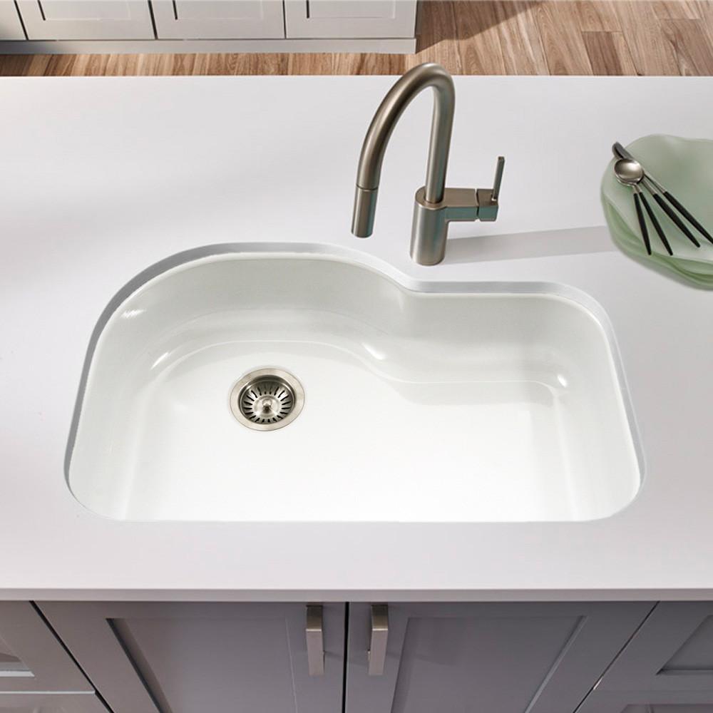 Houzer WH Porcela Series Porcelain Enamel Steel Undermount Offset Single Bowl Kitchen Sink, White Kitchen Sink - Undermount Houzer