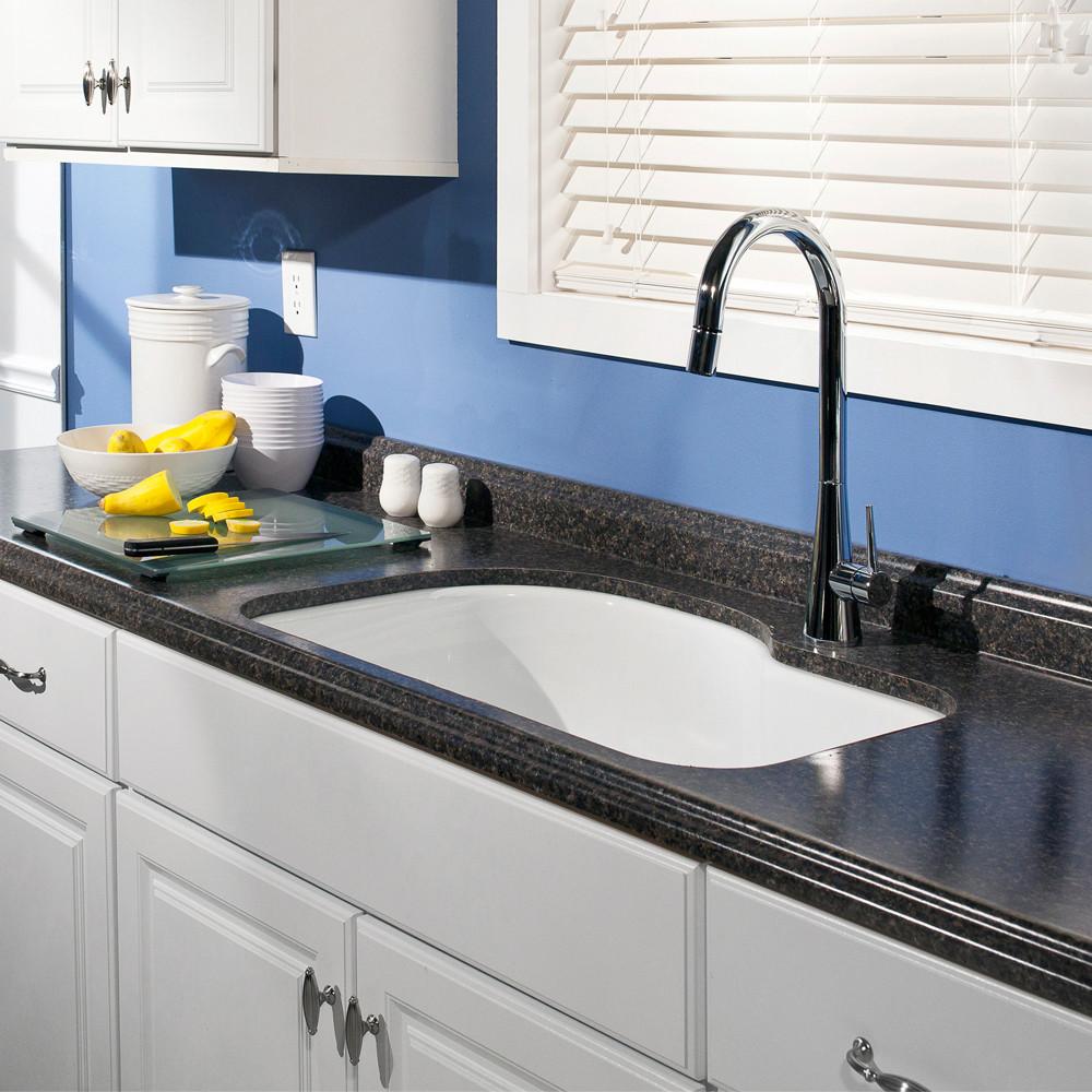 Houzer WH Porcela Series Porcelain Enamel Steel Undermount Offset Single Bowl Kitchen Sink, White Kitchen Sink - Undermount Houzer