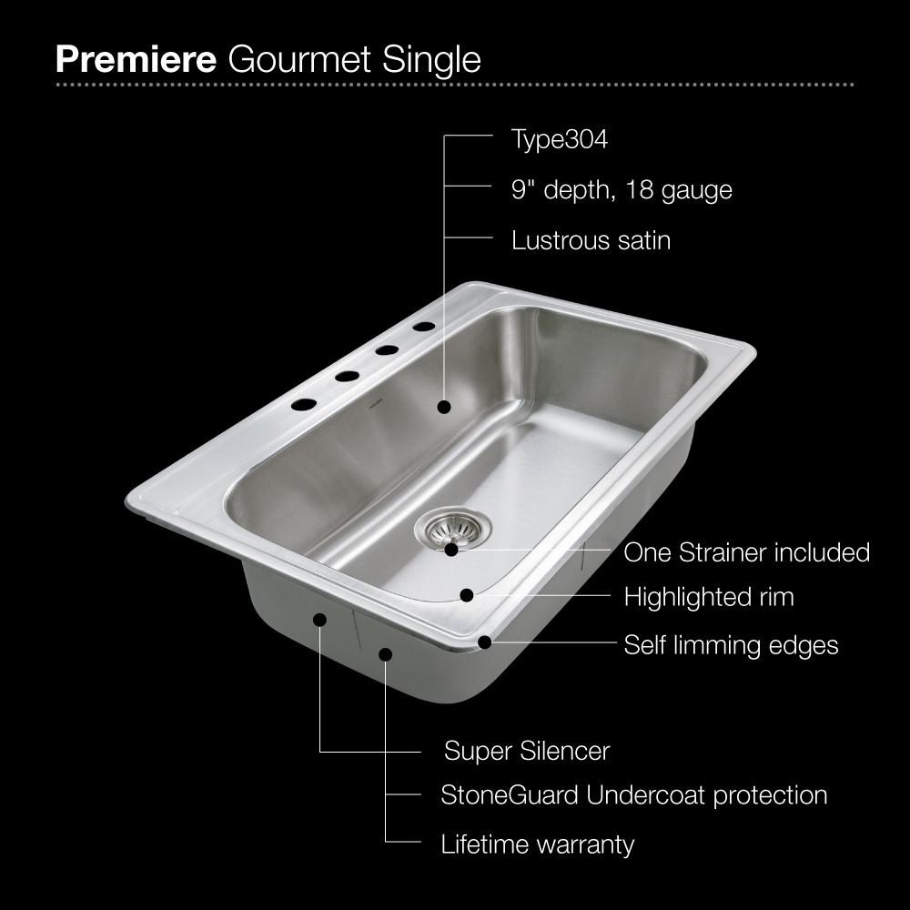 Houzer Premiere Gourmet Series Topmount Stainless Steel 4-Hole Large Single Bowl Kitchen Sink Kitchen Sink - Topmount Houzer