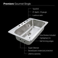 Thumbnail for Houzer Premiere Gourmet Series Topmount Stainless Steel 4-Hole Large Single Bowl Kitchen Sink Kitchen Sink - Topmount Houzer