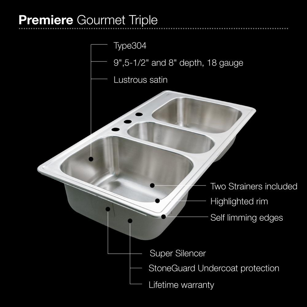 Houzer Premiere Gourmet Series Topmount Stainless Steel 4-Hole Triple Bowl Kitchen Sink Kitchen Sink - Topmount Houzer
