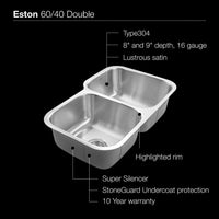 Thumbnail for Houzer Eston Series Undermount Stainless Steel 60/40 Double Bowl Sink 16 Gauge Kitchen Sink - Undermount Houzer 