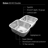 Thumbnail for Houzer Eston Series Undermount Stainless Steel 60/40 Double Bowl 16 Gauge Kitchen Sink - Undermount Houzer 