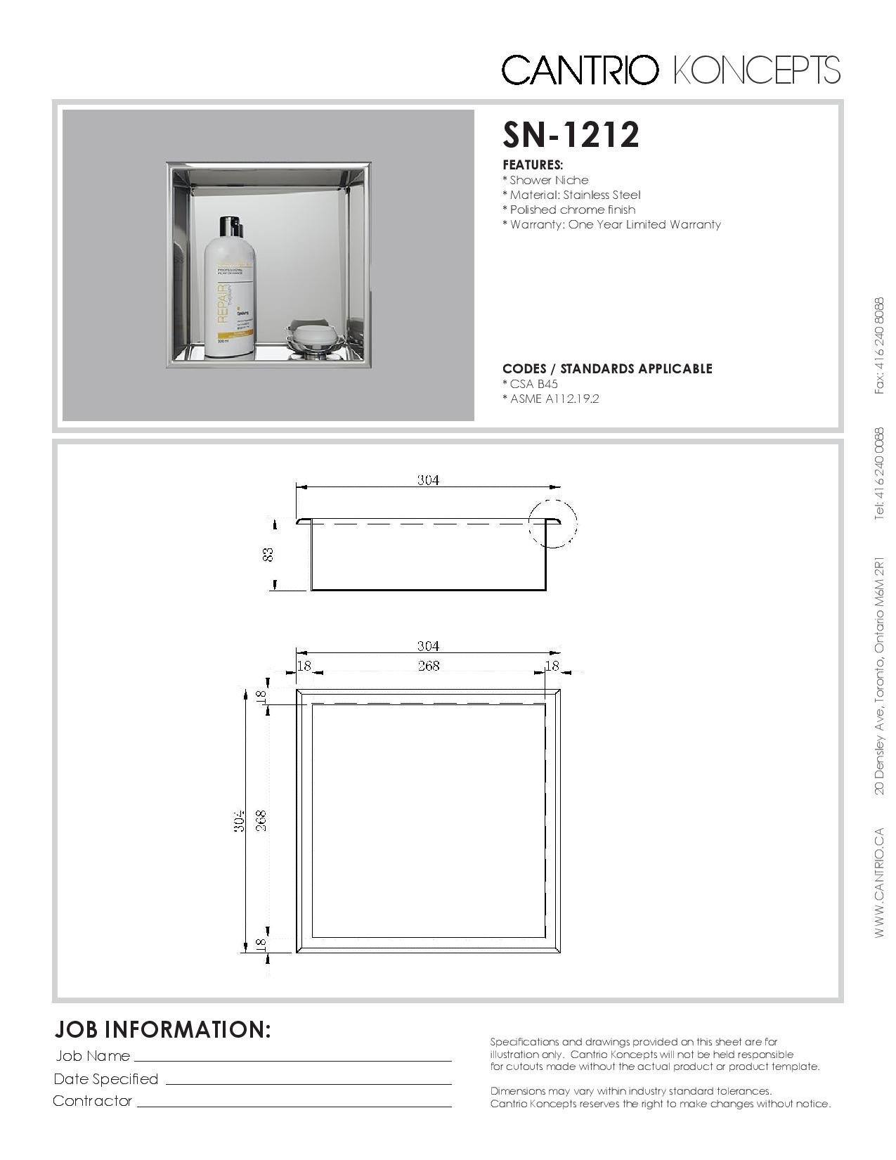 Cantrio Stainless Steel Shower Niche SN-1212 Accessories Cantrio