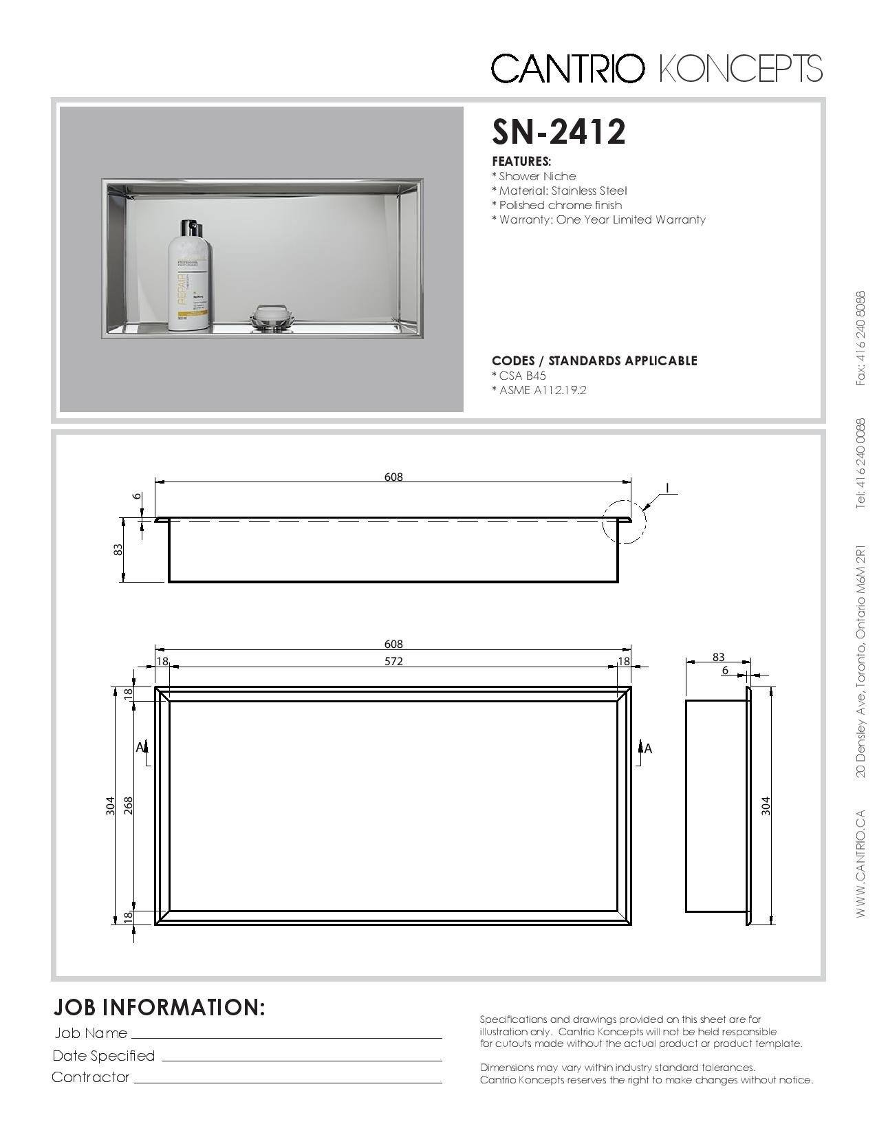 Cantrio Stainless Steel Shower Niche SN-2412 Accessories Cantrio