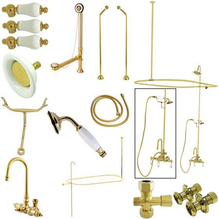 Kingston Brass Vintage High Rise Gooseneck Clawfoot Tub and Shower with Porcelain Lever Handles, Polished Brass Clawfoot Tub Set Kingston Brass