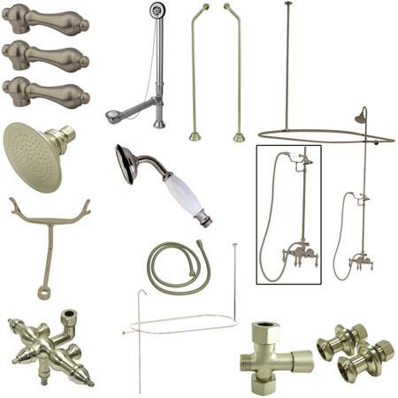 Kingston Brass Vintage Wall Mount Down Spout Clawfoot Tub and Shower with Metal Lever Handles, Satin Nickel Clawfoot Tub Set Kingston Brass