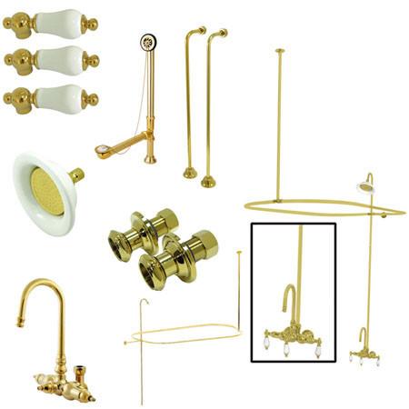 Kingston Brass Vintage Wall Mount High Rise Clawfoot Tub and Shower with Porcelain Lever Handles, Polished Brass Clawfoot Tub Set Kingston Brass