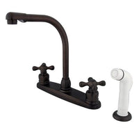 Thumbnail for Kingston Brass GKB715AX Water Saving Victorian High Arch Kitchen Faucet with Cross Handles and Sprayer, Oil Rubbed Bronze Kitchen Faucet Kingston Brass