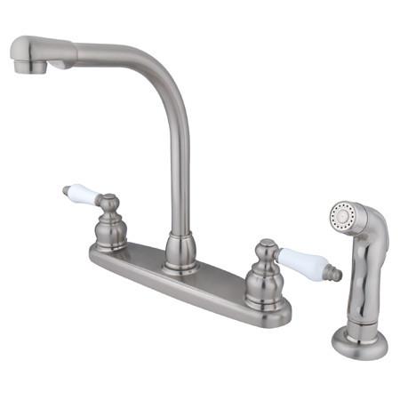 Kingston Brass Victorian High Arch with Oak & Porcelain Lever Handles and Sprayer, Satin Nickel Kitchen Faucet Kingston Brass