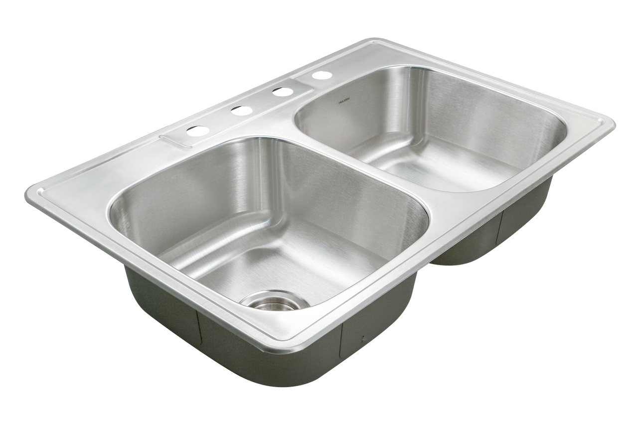 Houzer Glowtone 33" Stainless Steel Drop-in Topmount 50/50 Double Bowl Deep Kitchen Sink