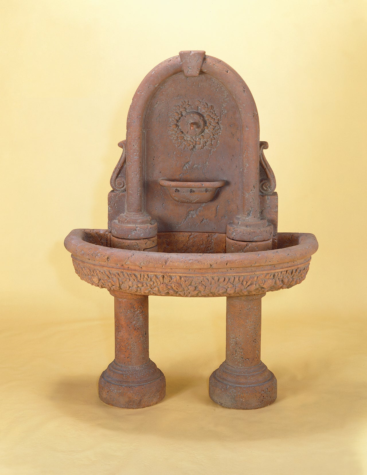 Robbiana Wall Cast Stone Outdoor Garden Water Fountain with 2 Pedestals and Spout – 61"H x 44"W – Classic European Wall Feature