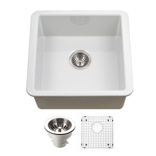 Houzer Platus 20 inch White Fireclay Undermount Square Single Bowl Bar Sink with Basket Strainer and Basin Grid Included