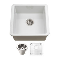 Thumbnail for Houzer Platus 20 inch White Fireclay Undermount Square Single Bowl Bar Sink with Basket Strainer and Basin Grid Included