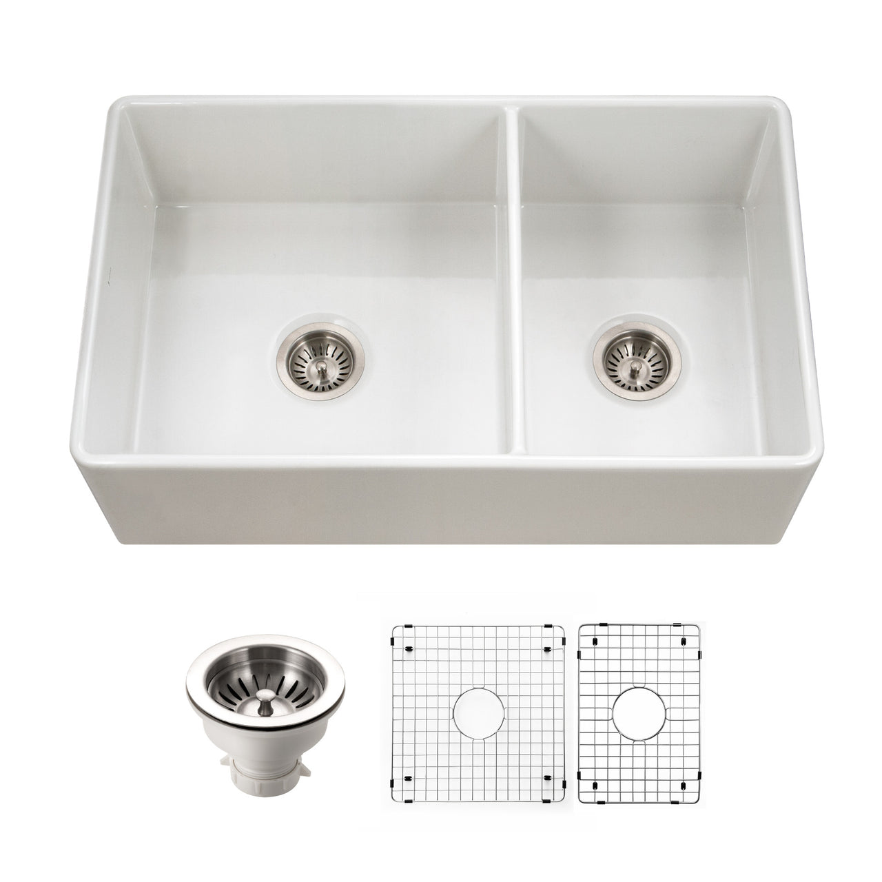 Houzer Platus 33 inch White Fireclay Apron Front Farmhouse 60/40 Double Bowl Kitchen Sink with Basket Strainer and Basin Grids Included