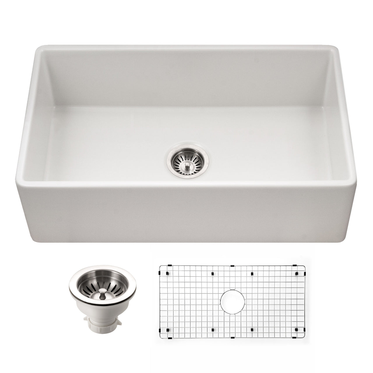 Houzer Platus 33 inch White Fireclay Apron Front Farmhouse Single Bowl Kitchen Sink with Basket Strainer and Basin Grid Included