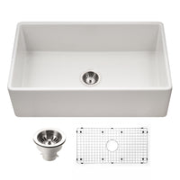Thumbnail for Houzer Platus 33 inch White Fireclay Apron Front Farmhouse Single Bowl Kitchen Sink with Basket Strainer and Basin Grid Included