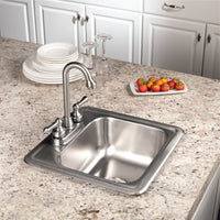Thumbnail for Houzer Hospitality 15 inch Stainless Steel Drop-in Topmount 2-hole Bar and Prep Sink with Strainer