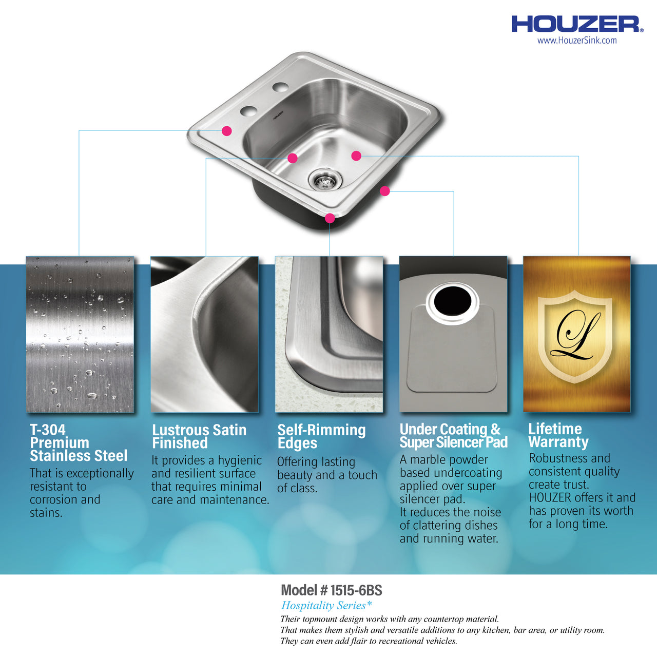 Houzer Hospitality 15 inch Stainless Steel Drop-in Topmount 2-hole Bar and Prep Sink with Strainer