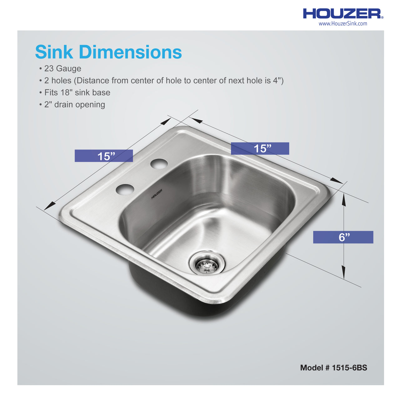 Houzer Hospitality 15 inch Stainless Steel Drop-in Topmount 2-hole Bar and Prep Sink with Strainer