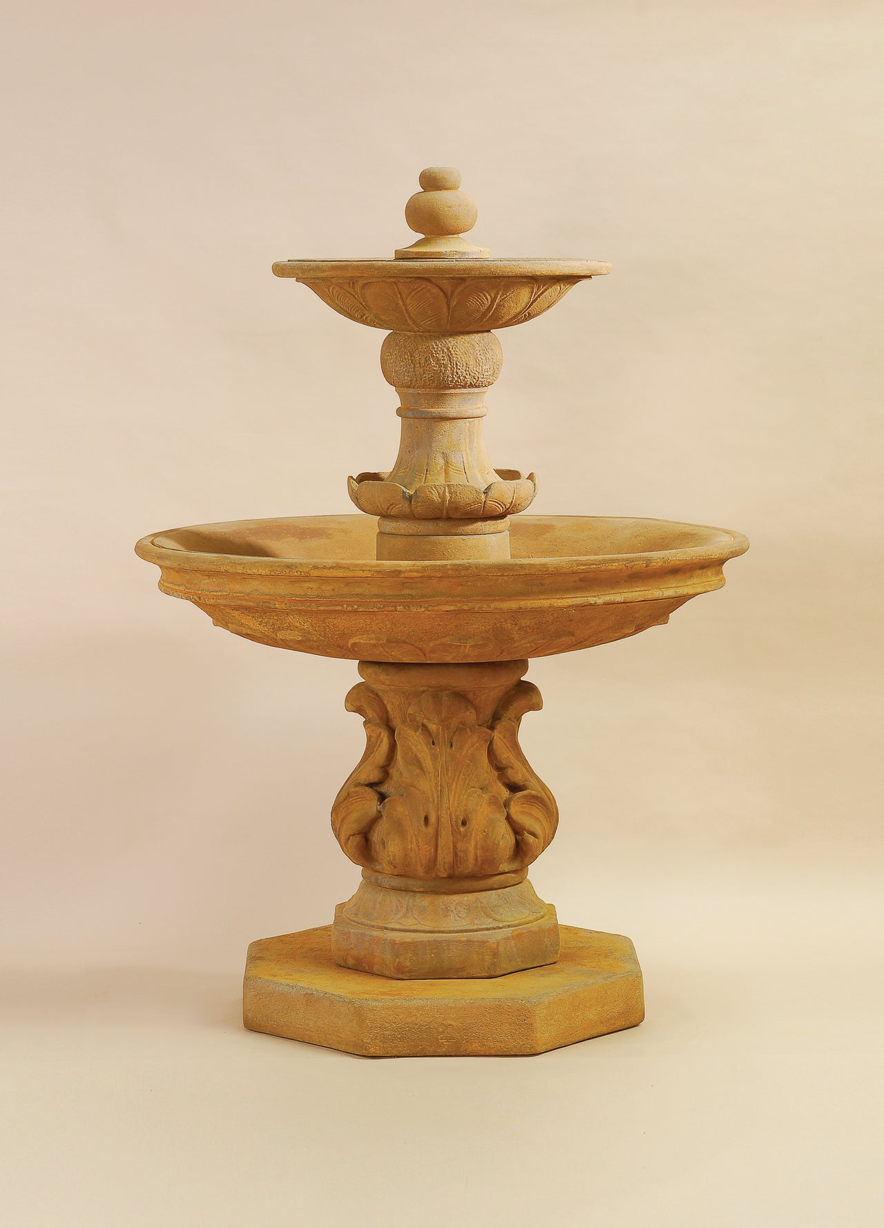 Chelsea Outdoor Cast Stone Garden Fountain with Step – Elegant Dual-Ball Finial & Acanthus Detailing