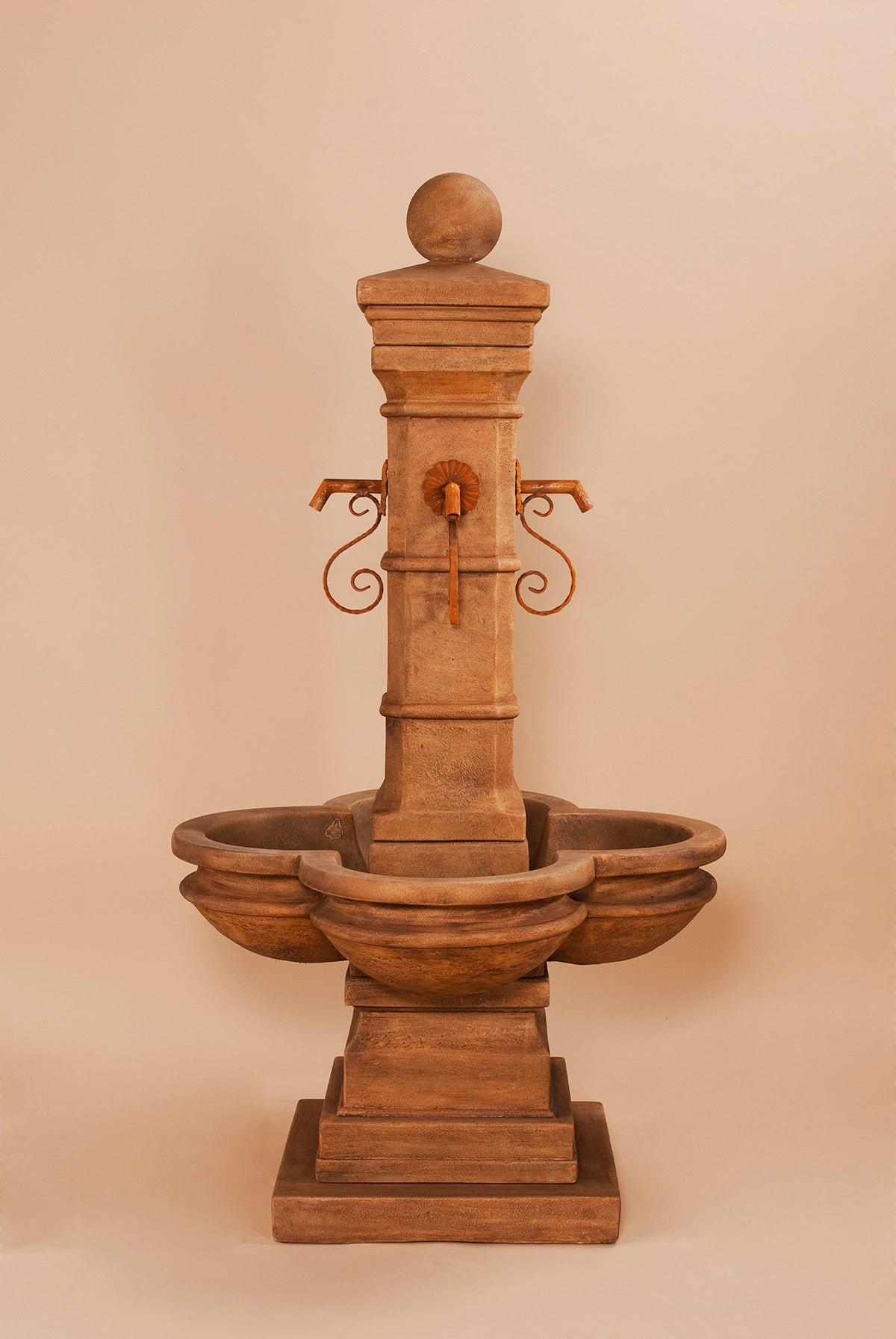 Avignon Courtyard Cast Stone Outdoor Fountain with Spouts – Elegant Lobed Bowl and Finial Design