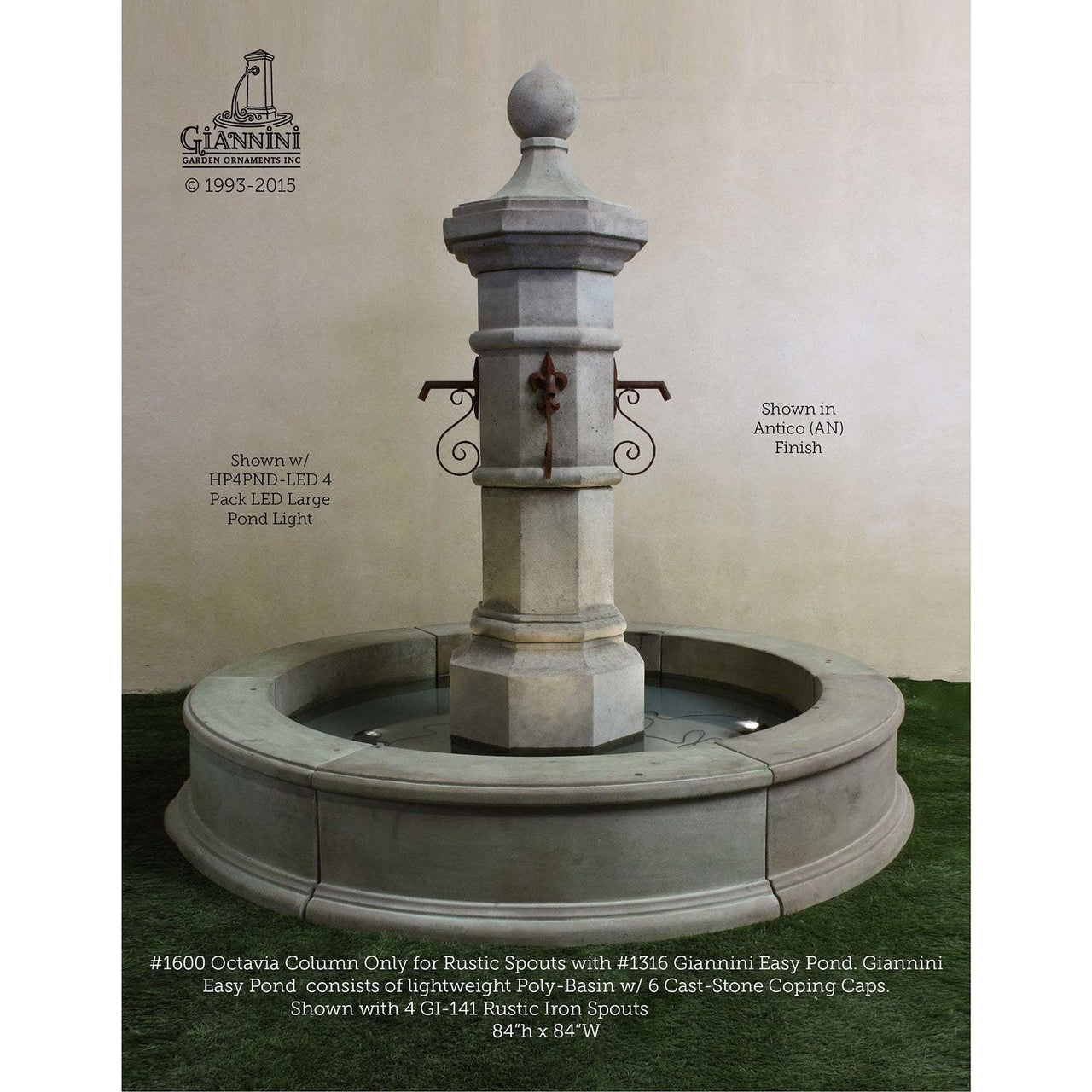 Octavia Concrete Column Outdoor Fountain with Easy Pond Basin – 4-Spout Cast Stone Centerpiece