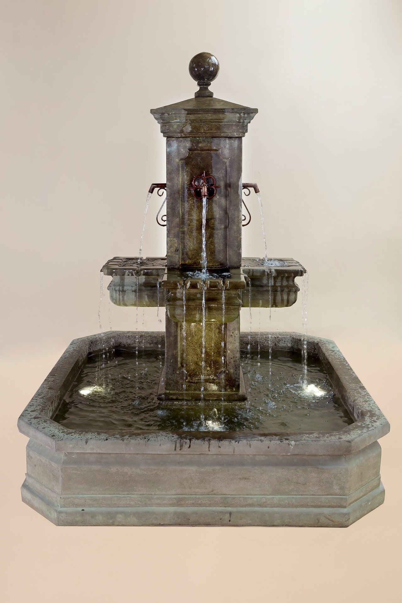 Anduze Carré Pond Outdoor Cast Stone Garden Fountain – French-Inspired Elegance with Square Basin and Optional Rustic Iron Spouts