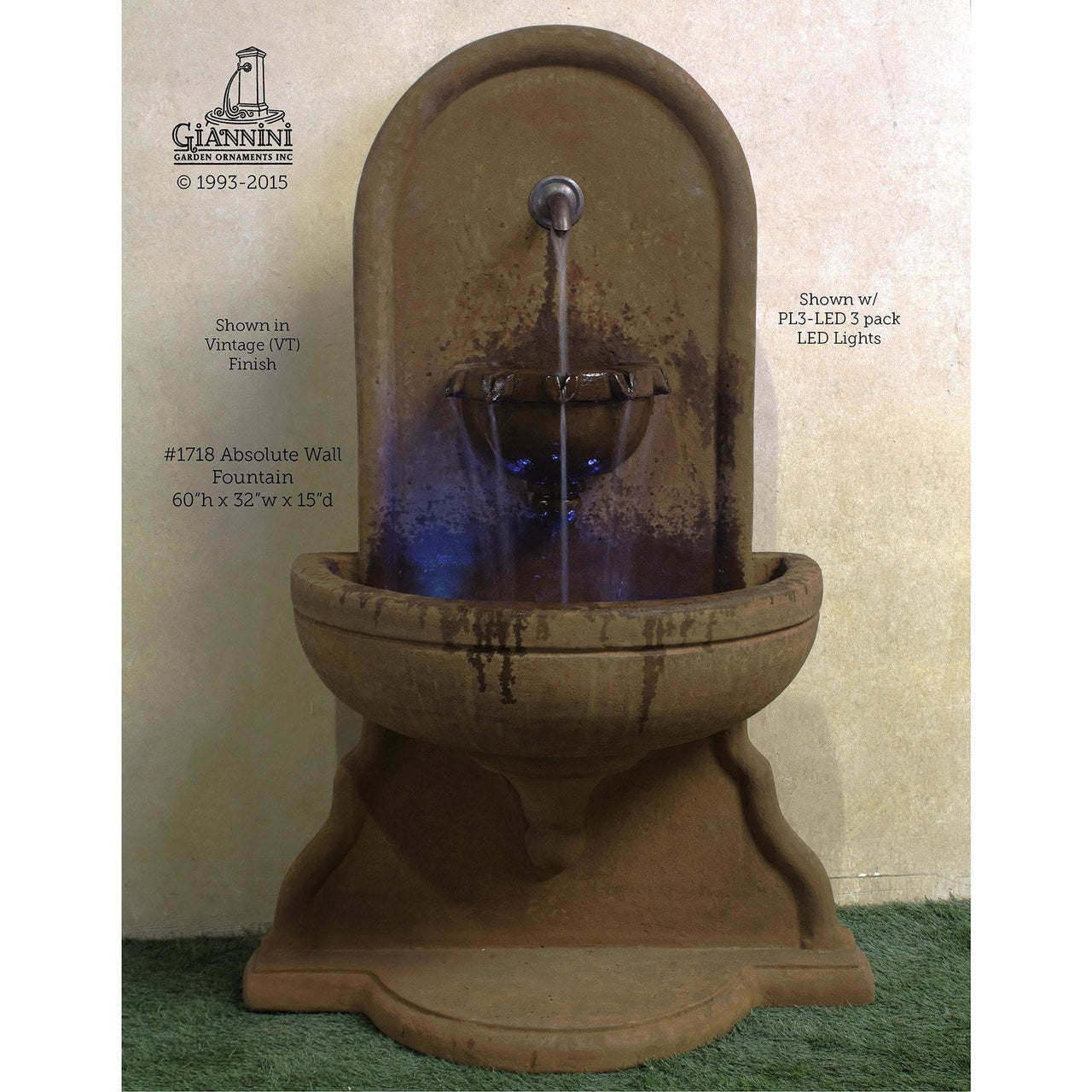 Absolute Wall Cast Stone Outdoor Garden Fountain with Spouts – Model 1718 by Giannini Garden