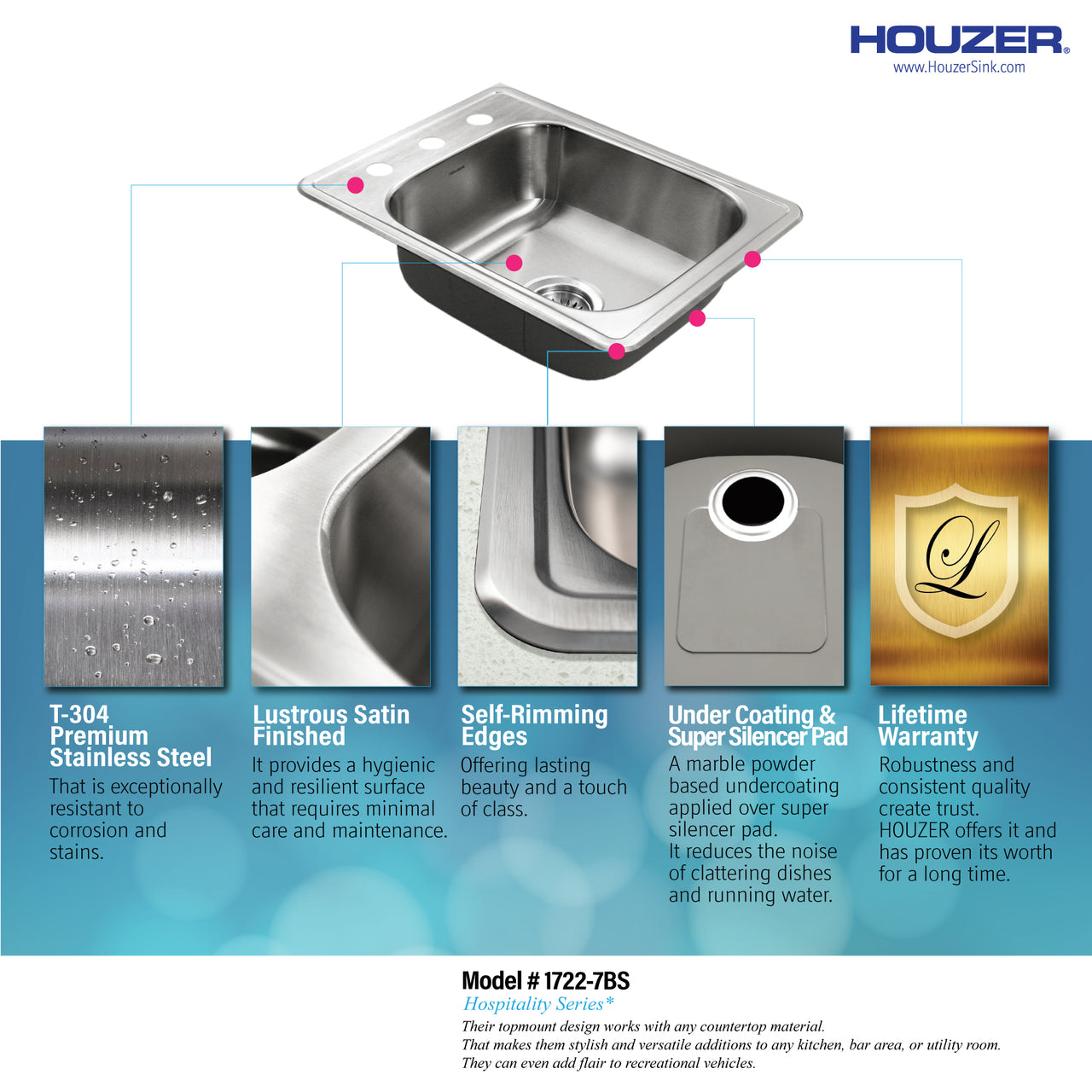 Houzer Hospitality 17 inch Stainless Steel Drop-in Topmount 7 inch Deep 3-hole Large Bar and Prep Sink