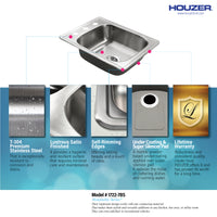Thumbnail for Houzer Hospitality 17 inch Stainless Steel Drop-in Topmount 7 inch Deep 3-hole Large Bar and Prep Sink