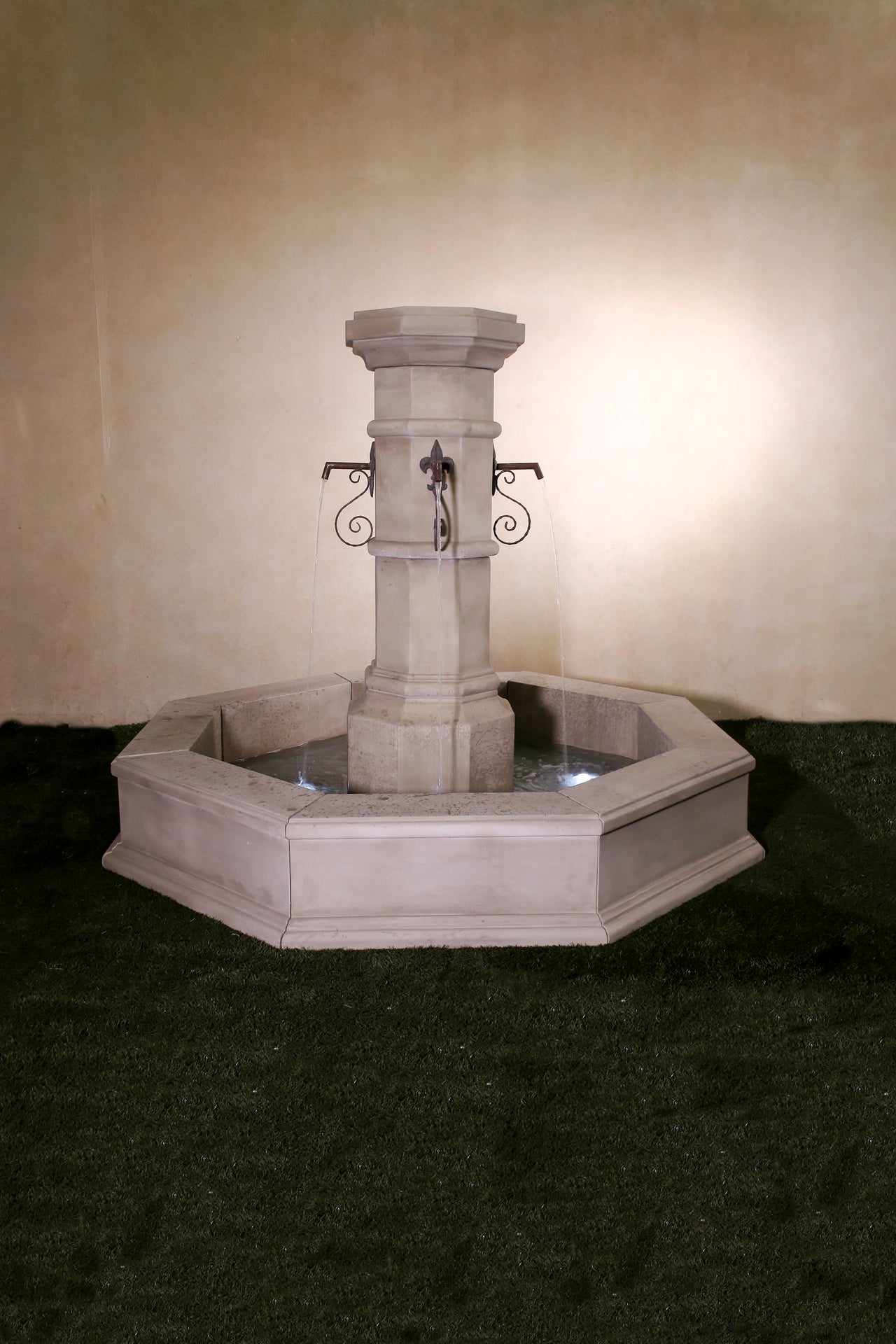 Octavius Outdoor Concrete Column Fountain – Plumbed for Pond with Rustic Spouts