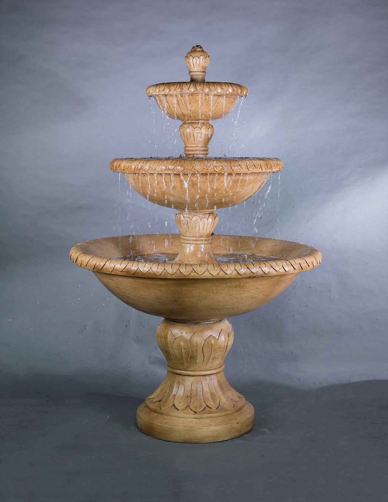 Tall Cast Stone Outdoor Fountain with Tiered Bowls and Brownstone Finish