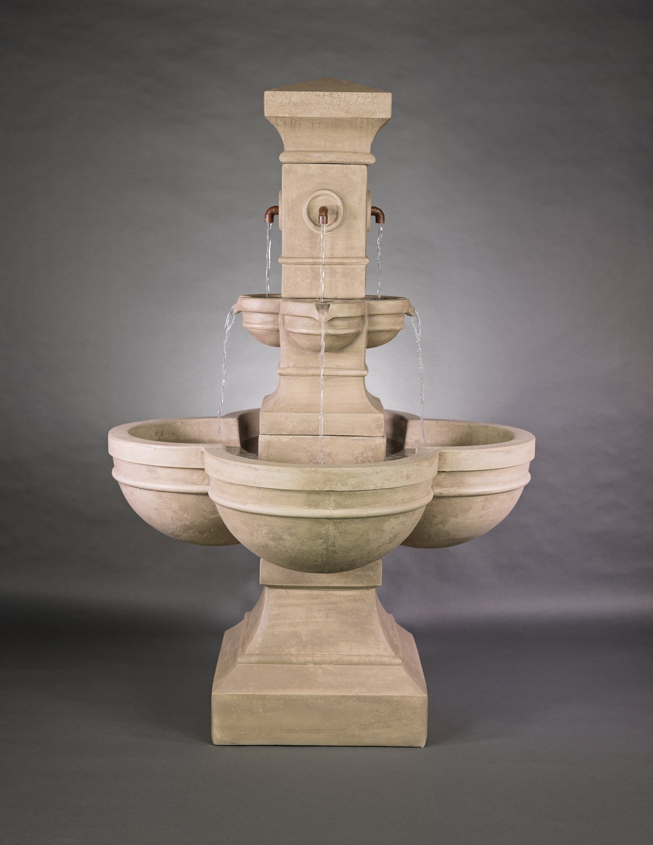 Grand Tiered Outdoor Cast Stone Fountain with French Limestone Finish and Square Base
