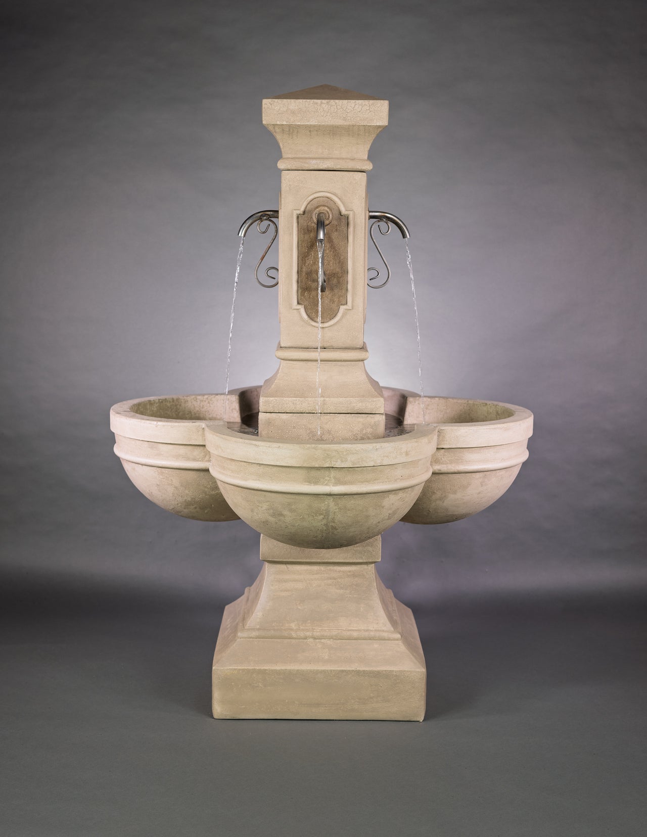 Navona Courtyard Outdoor Fountain with Two-Tone Finish and Rustic Iron Spouts
