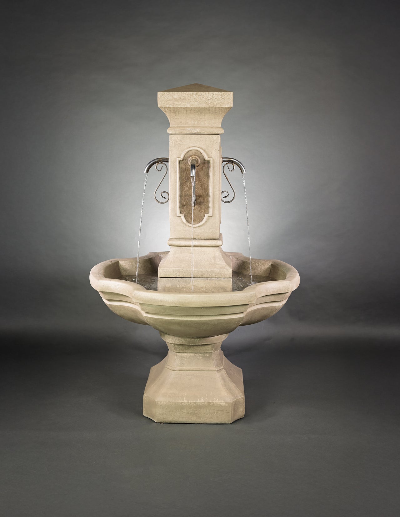 San Pietro Courtyard Fountain – Elegant Two Tone Finish with Rustic Iron Spouts