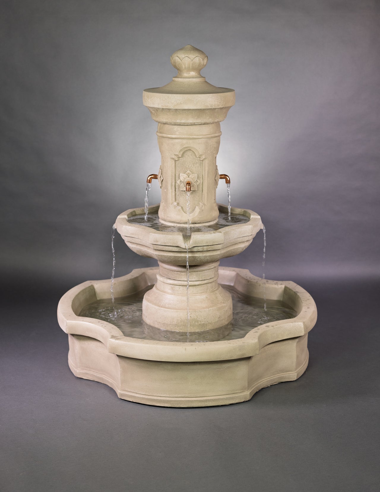 Ravello Pond Fountain with Copper Spouts and French Limestone Finish for Serene Outdoor Settings