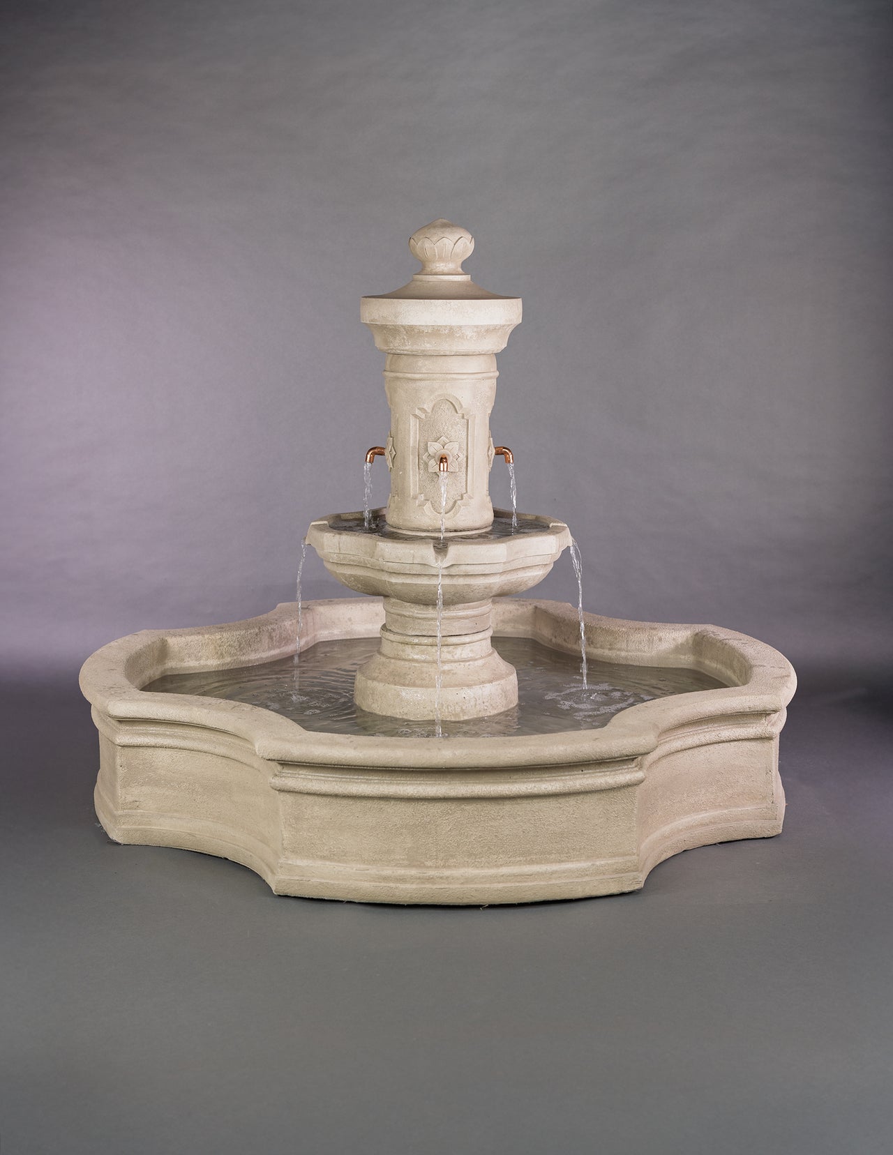 Ravello Monaco Pond Fountain with Copper Spouts in Limestone Finish
