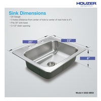 Thumbnail for Houzer Glowtone 25 inch Stainless Steel Drop-in Topmount Single Bowl Deep Kitchen Sink
