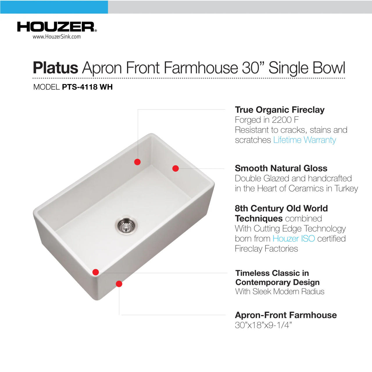 Houzer Platus White Fireclay Apron Front Farmhouse Single Bowl Kitchen Sink