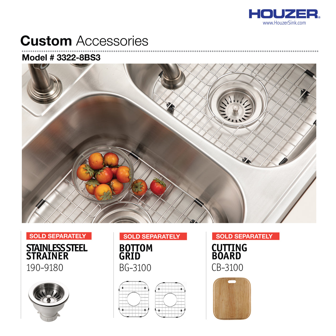 Houzer Glowtone 33" Stainless Steel Drop-in Topmount 50/50 Double Bowl Deep Kitchen Sink