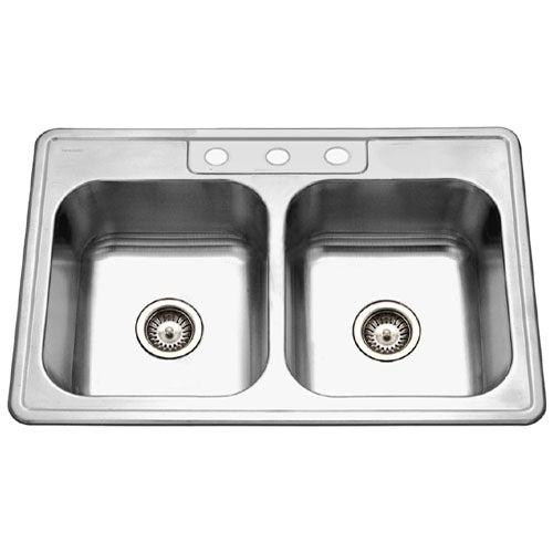 Houzer Glowtone 33" Stainless Steel Drop-in Topmount 50/50 Double Bowl Deep Kitchen Sink